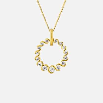 Love Journey diamond pendant in yellow gold with a wavy halo design and sparkling diamonds. Chain sold separately.