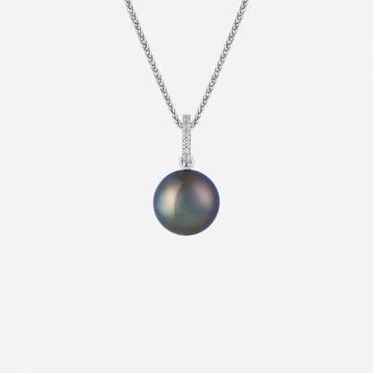 Tahitian pearl pendant in 18K white gold featuring a diamond-lined loop and a dark, iridescent pearl.
