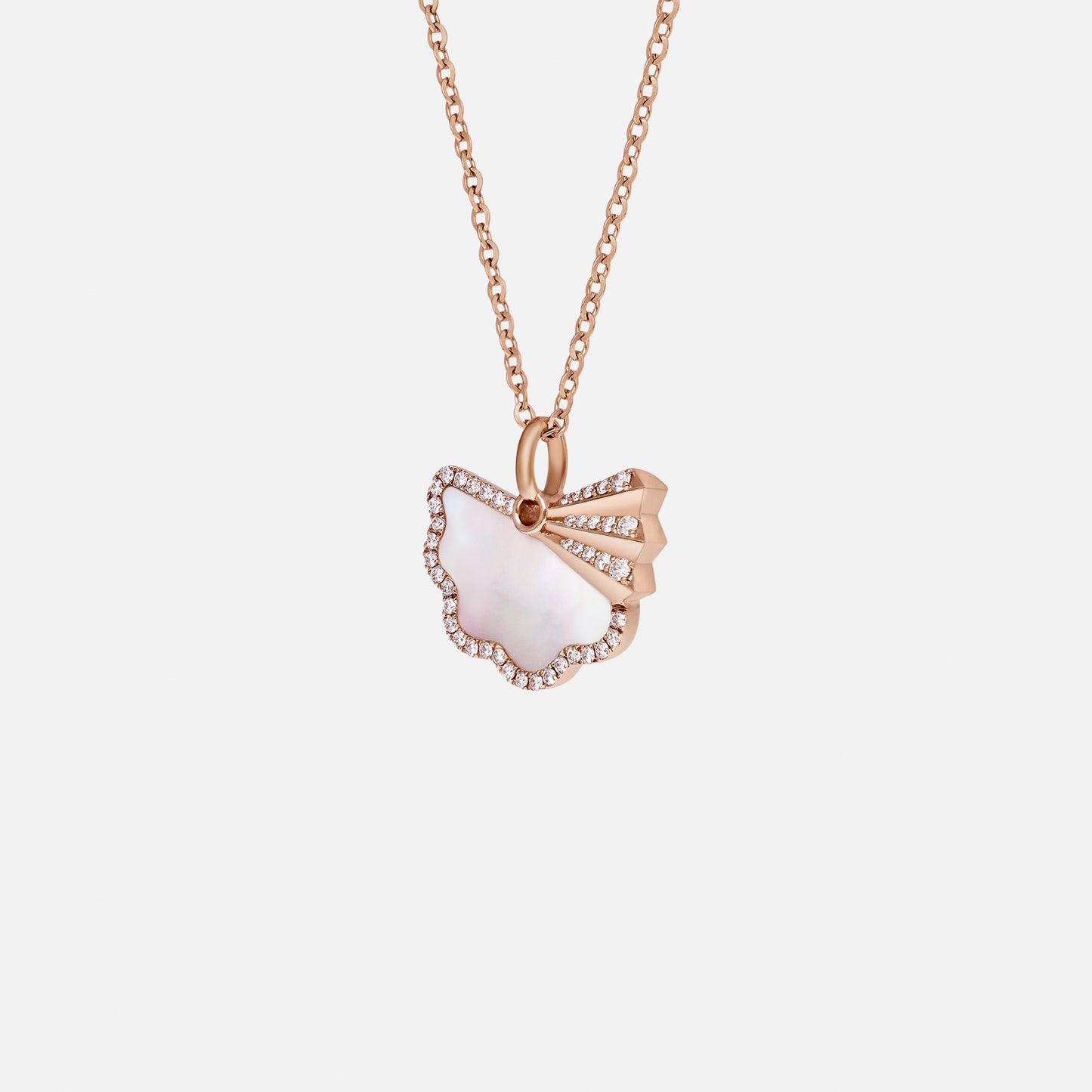 legacy fan pearl pendant in 18k rose gold with mother of pearl and diamond halos, featuring a delicate fan design.