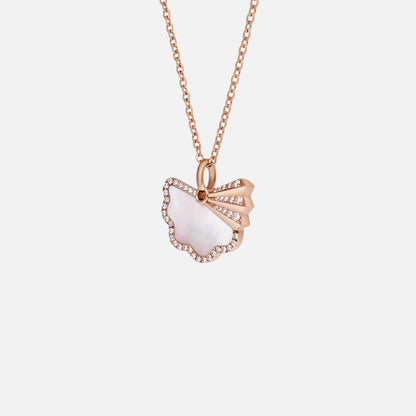 Legacy Fan Pearl Pendant in 18K rose gold with Mother of Pearl and diamond halos, featuring a delicate fan design.