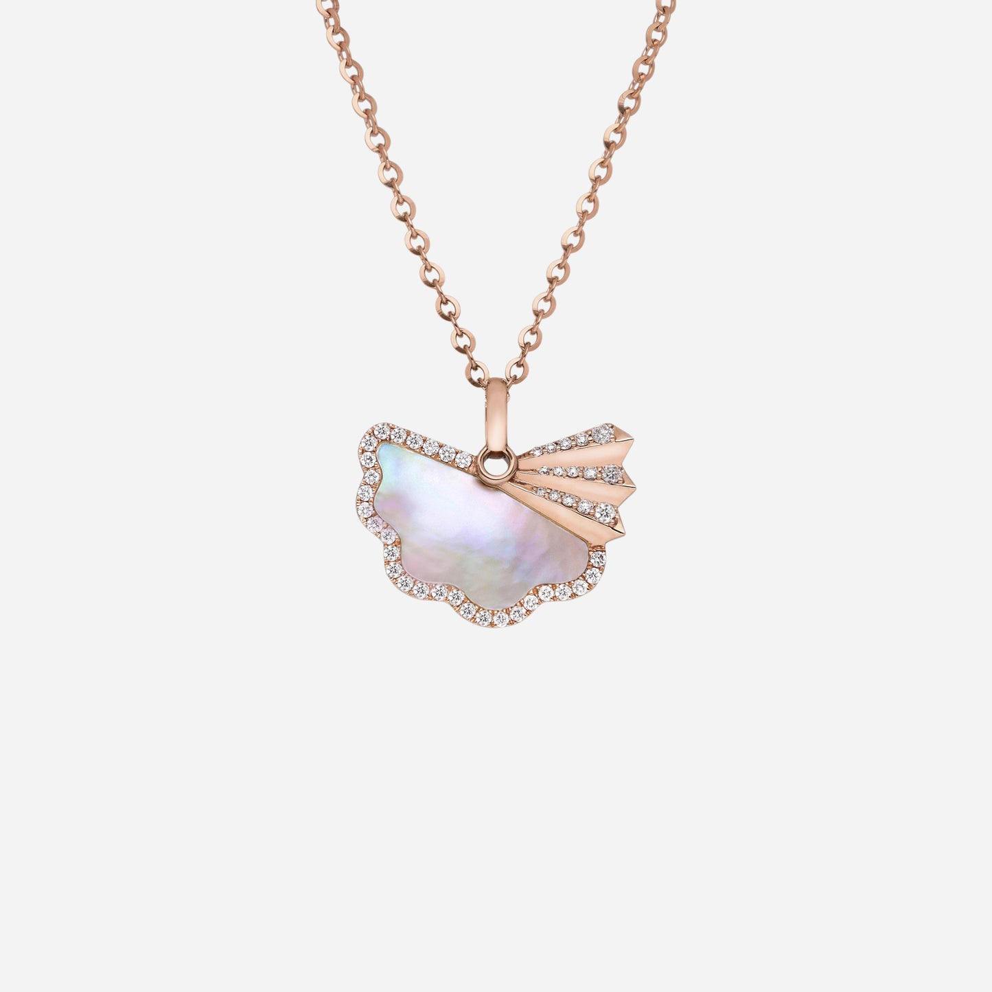 legacy fan pearl pendant in 18k rose gold with diamond halo and iridescent mother of pearl centerpiece.