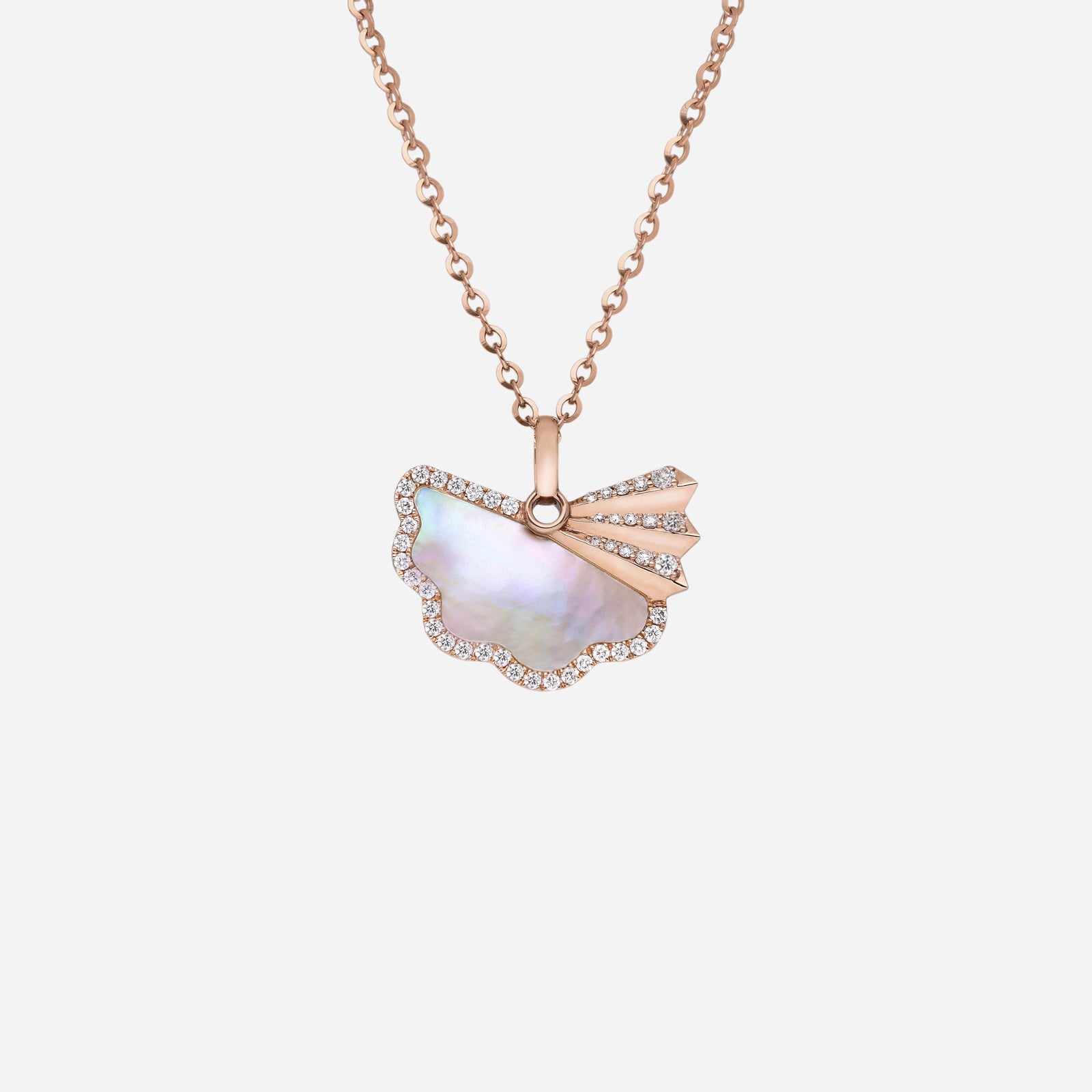 Legacy Fan Pearl Pendant in 18K Rose Gold with diamond halo and iridescent Mother of Pearl centerpiece.