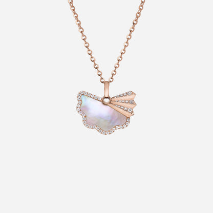 Legacy Fan Pearl Pendant in 18K Rose Gold with diamond halo and iridescent Mother of Pearl centerpiece.