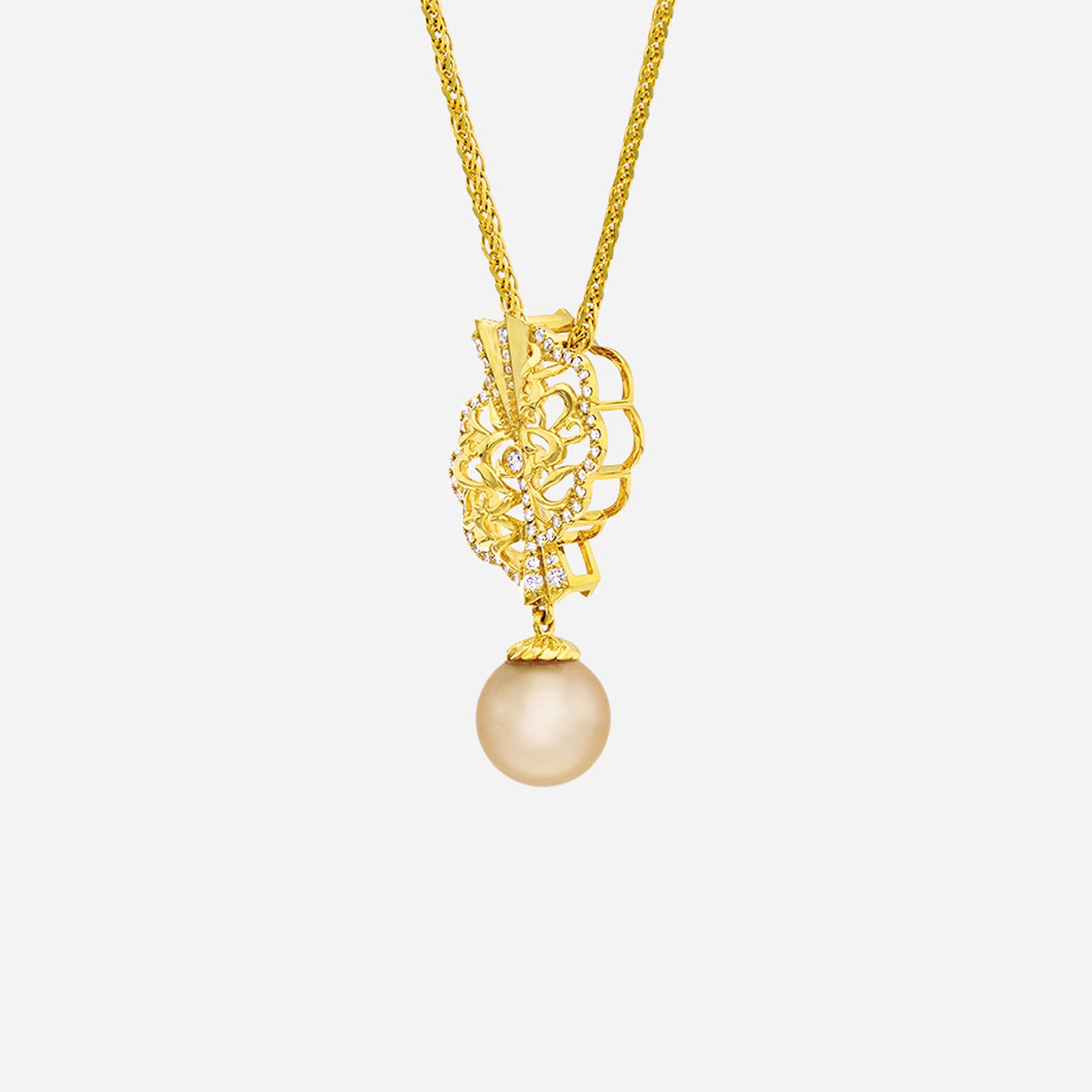 Legacy South Sea Pearl pendant, 18K yellow gold, fan-shaped design, featuring a golden pearl and diamond accents.