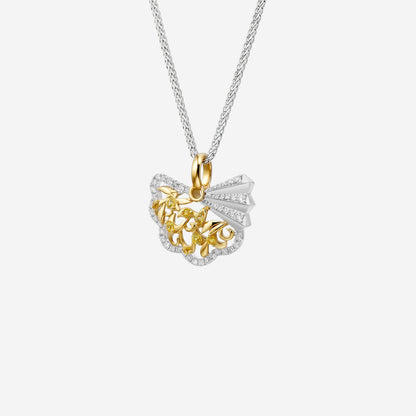 Legacy pendant in yellow and white gold with ornate fan design, featuring yellow sapphire and diamond accents.