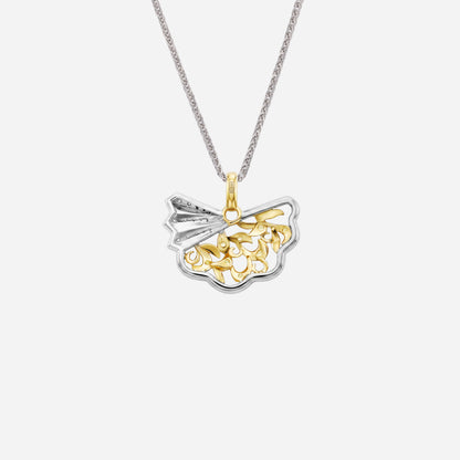Legacy pendant in yellow and white gold, featuring ornate fan design with diamond accents and yellow sapphire details.
