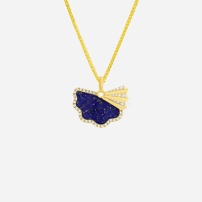 Lapis lazuli pendant with diamonds in 18K yellow gold, fan-shaped design with scalloped edge and gold accent.