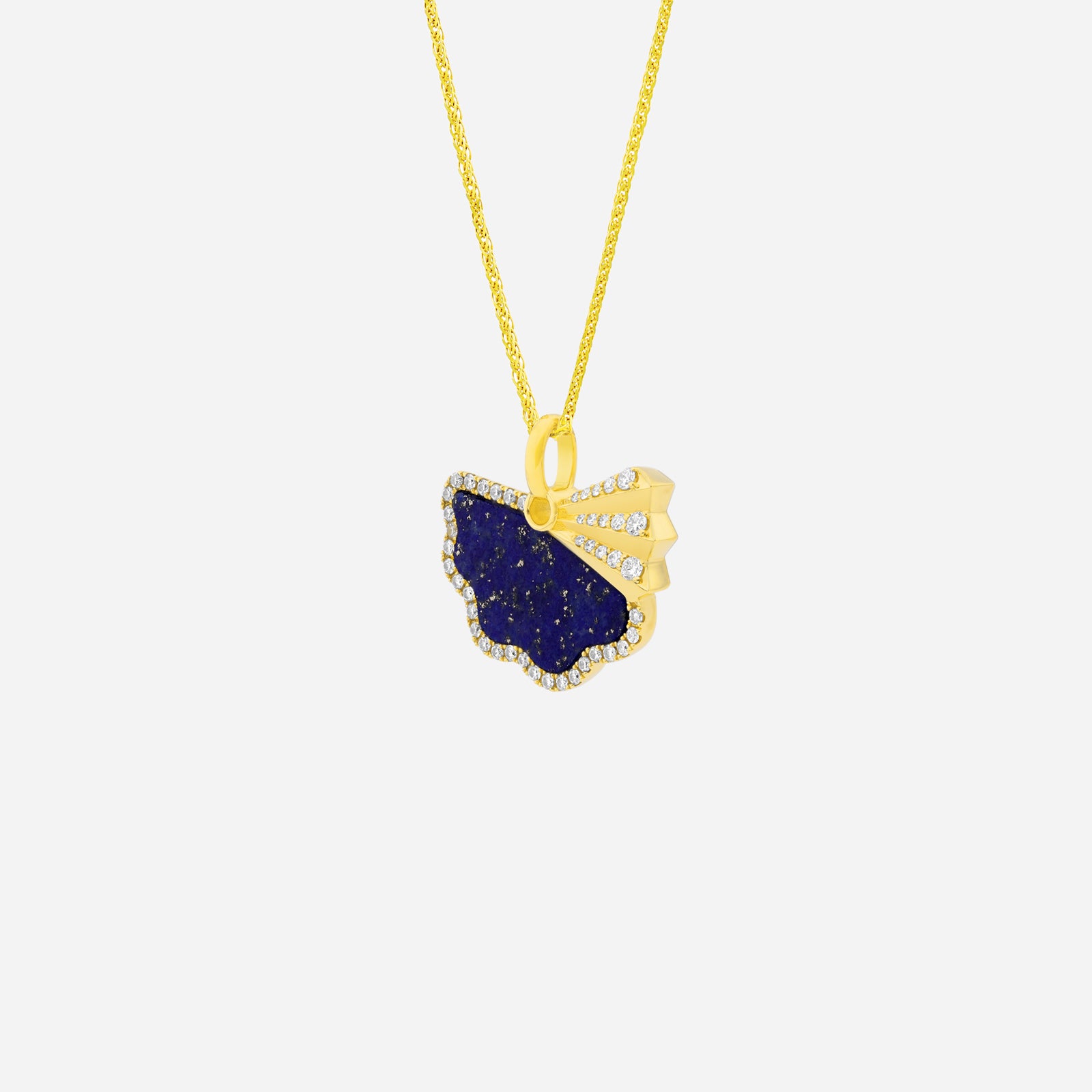 Legacy Fan pendant featuring deep blue Lapis Lazuli, diamond accents, and a delicate 18K yellow gold design.
