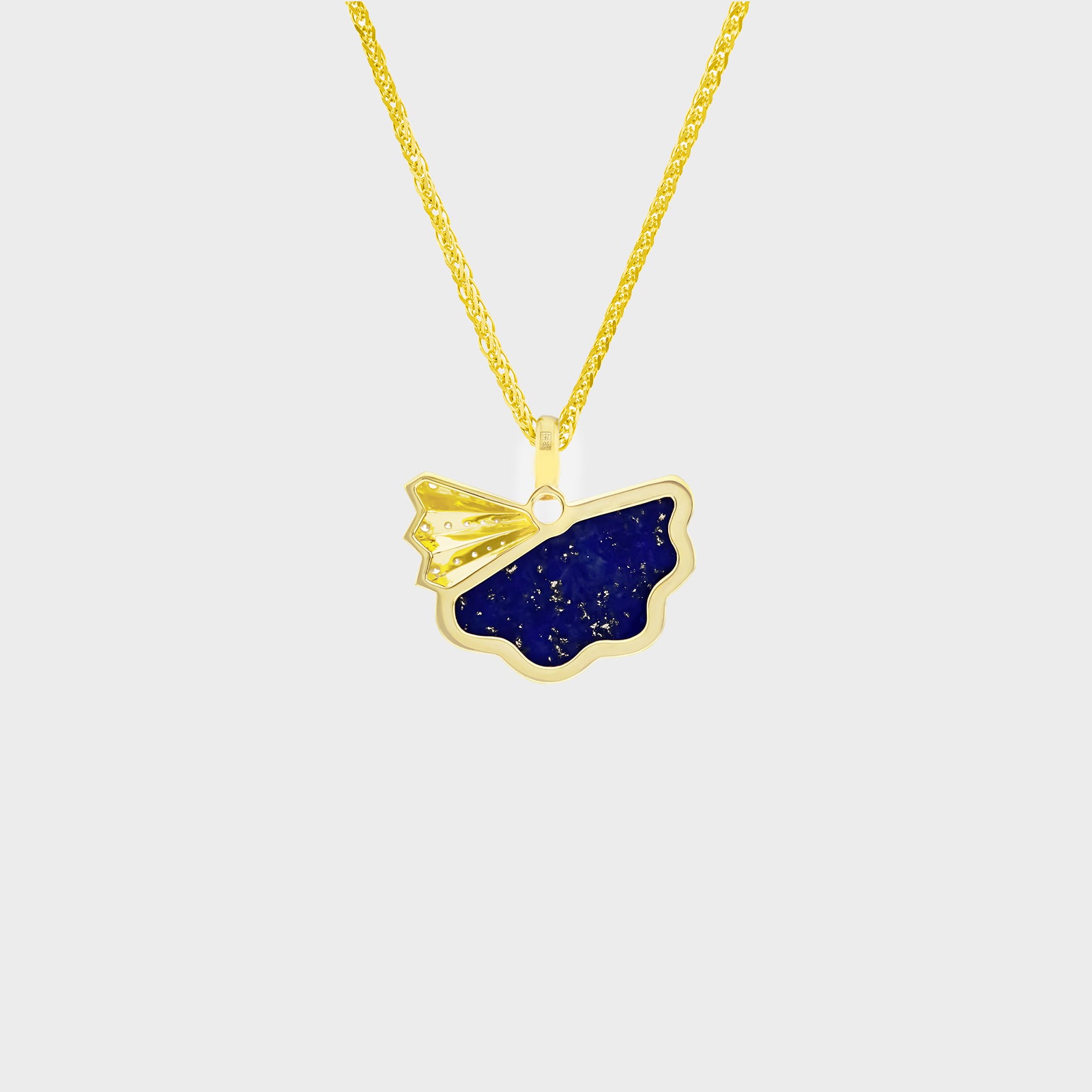 Legacy Fan pendant in yellow gold featuring deep blue Lapis Lazuli with flecks of pyrite and diamond accents.