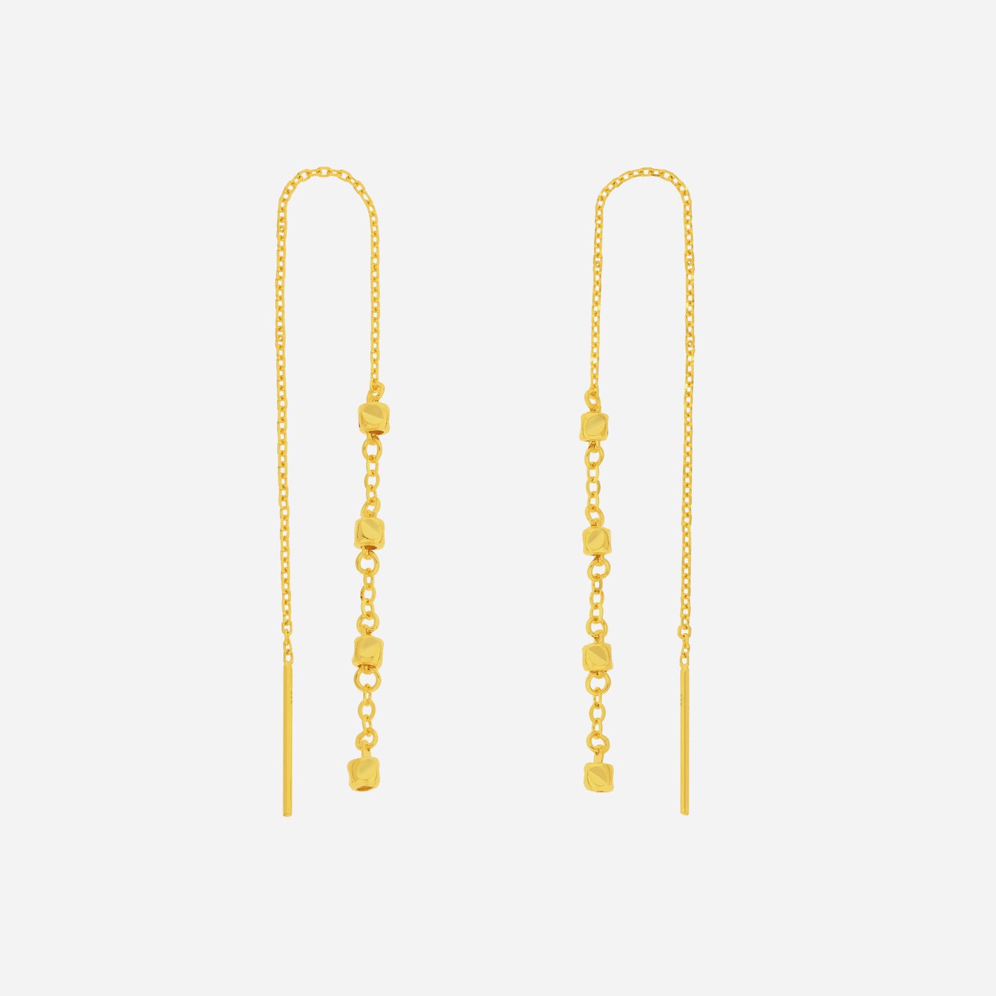 cube drop threader earrings in 22k yellow gold with polished cube details and delicate chains for a modern look.