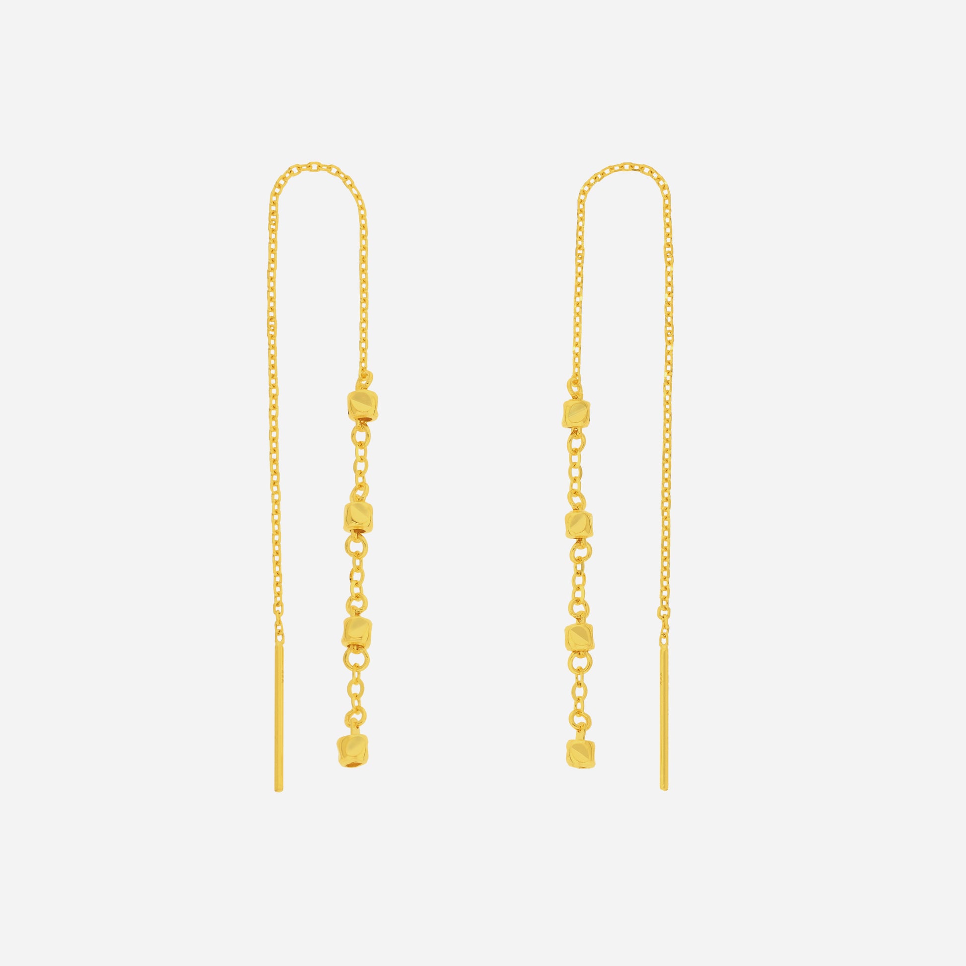 Cube Drop Threader Earrings in 22K Yellow Gold with polished cube details and delicate chains for a modern look.