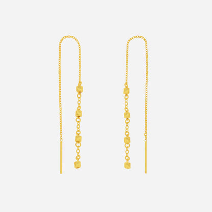 Cube Drop Threader Earrings in 22K Yellow Gold with polished cube details and delicate chains for a modern look.