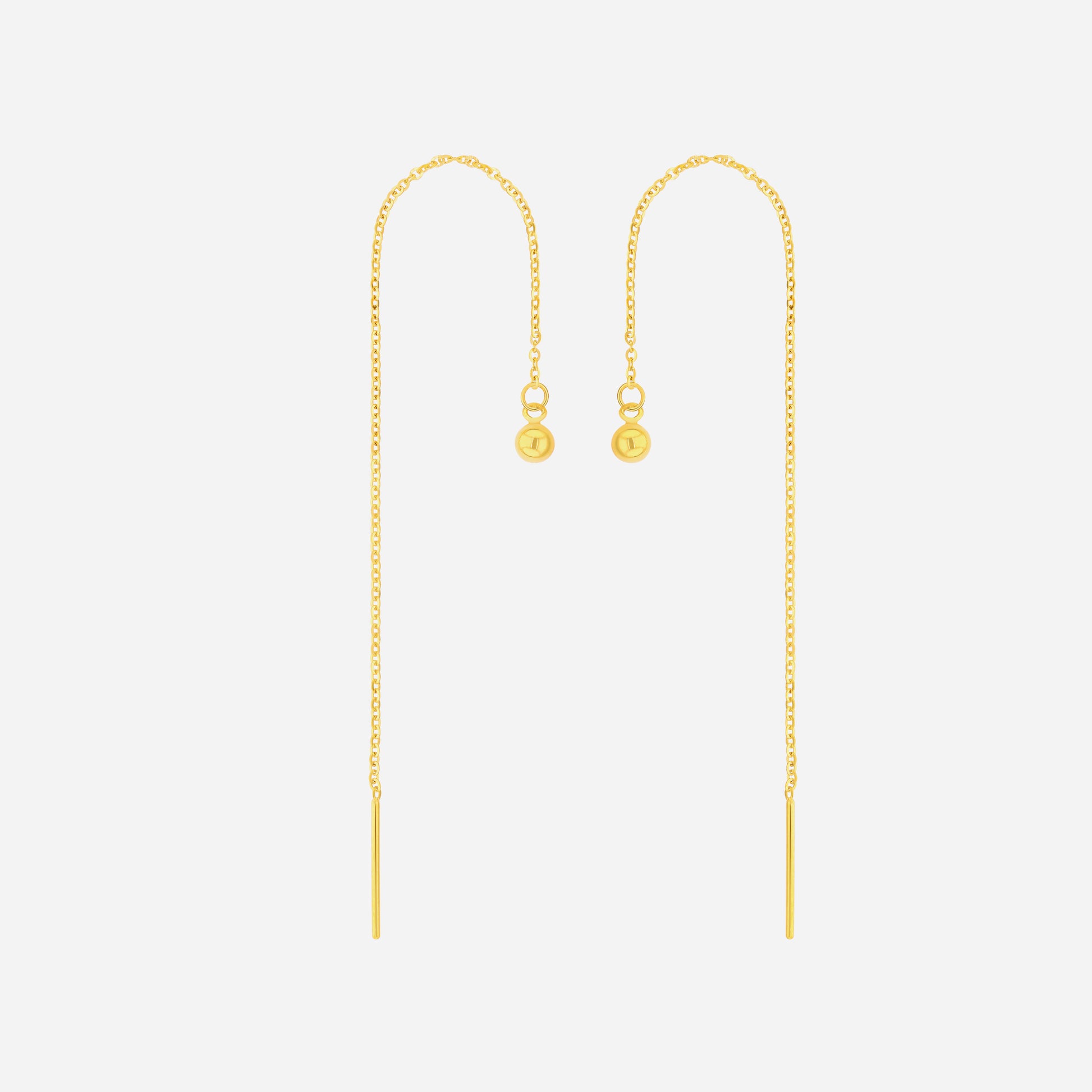 Bead line threader earrings in 22K yellow gold with polished bead and fluid minimalist design.