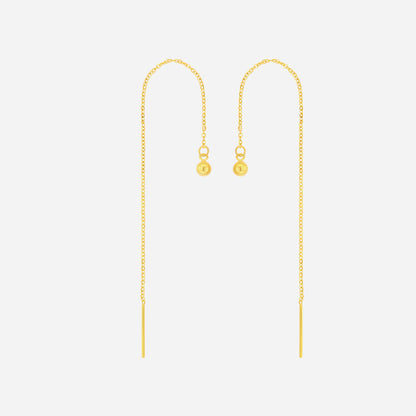 Bead line threader earrings in 22K yellow gold with polished bead and fluid minimalist design.