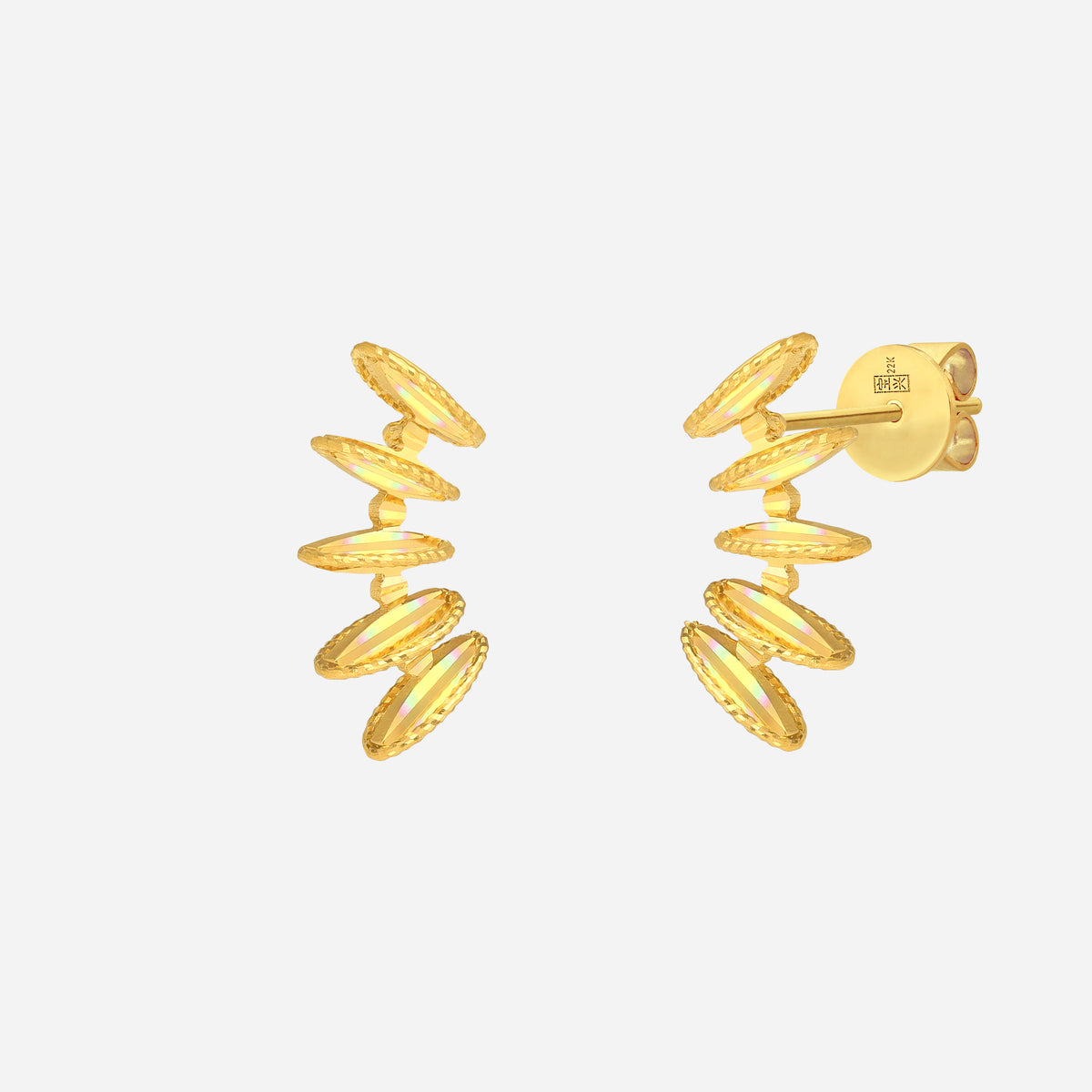 Golden Ray Earrings in 22K Yellow Gold with interlinked disc design showcasing sculptural brilliance.