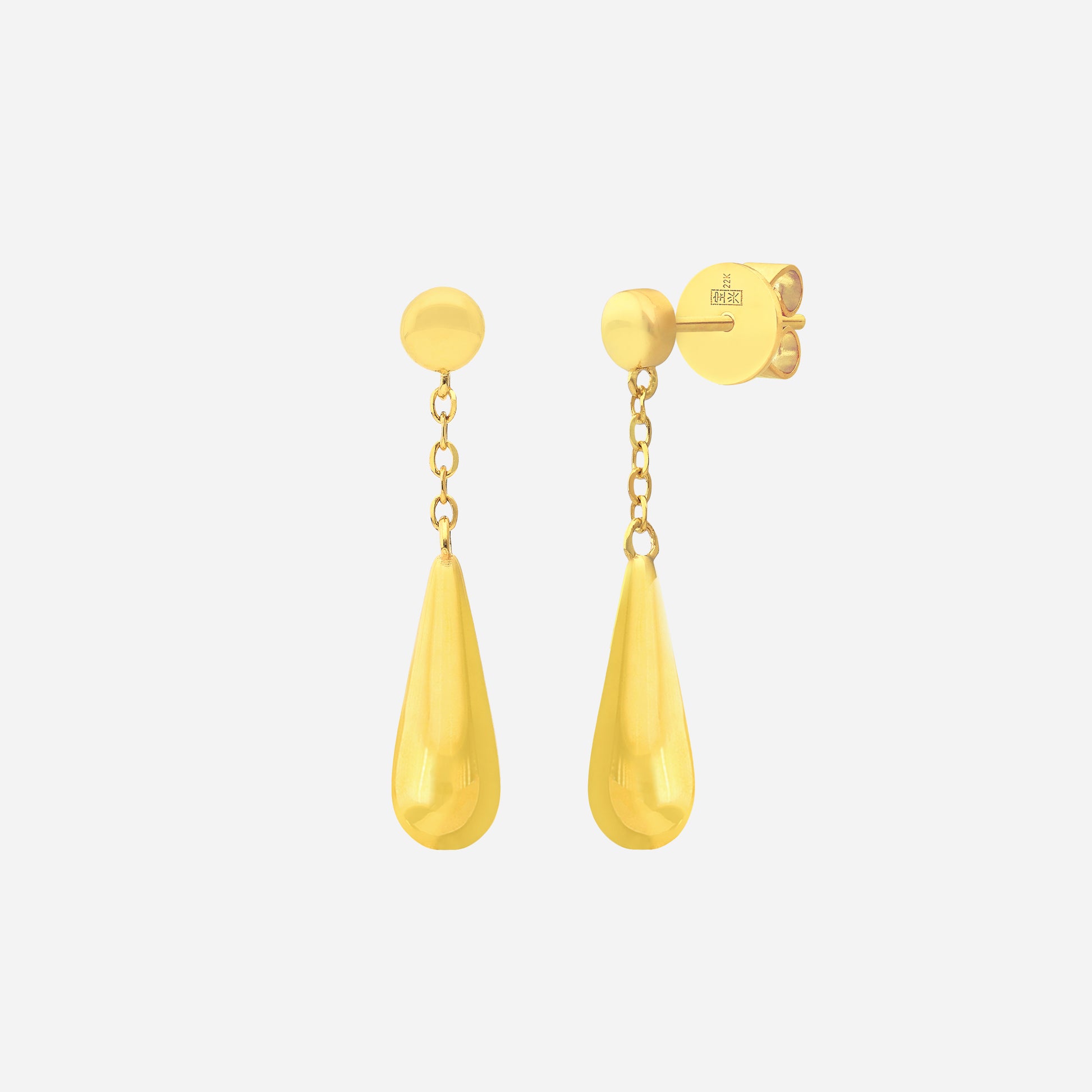 Raindance Earrings in 22K yellow gold with elegant teardrop design, featuring polished gold drops on fine chains.
