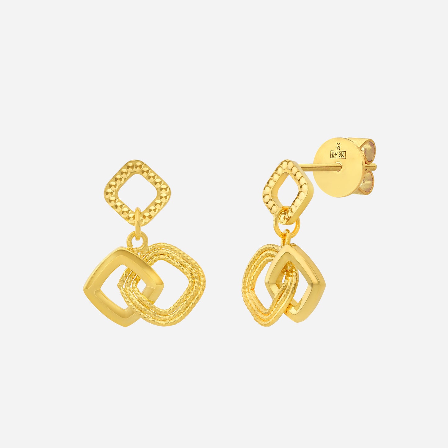eternal link earrings in 22k yellow gold featuring interlocking geometric forms with textured details.