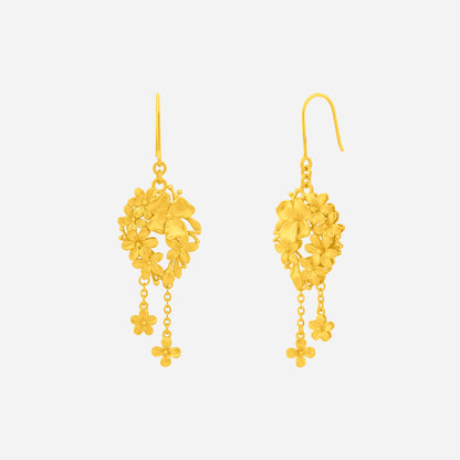 Dreamy Bloom Earrings in 22K Yellow Gold with floral design and hanging chains for elegant movement.