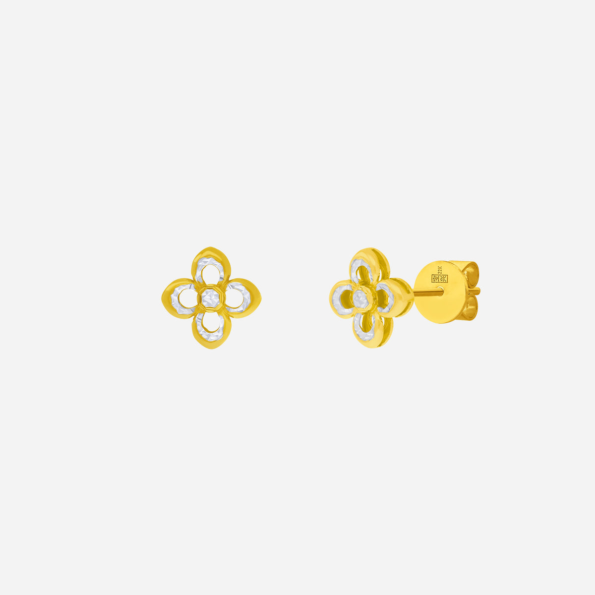radiant bloom earrings in yellow and white gold featuring floral four-petal design with precision-etched accents.
