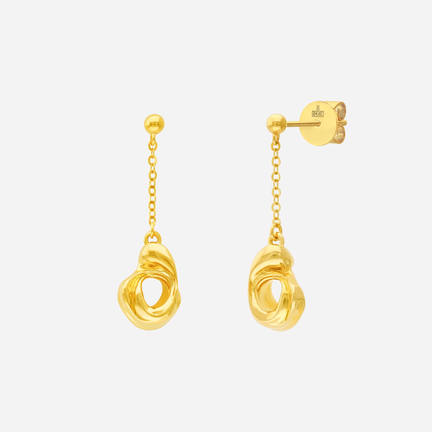 dangling earrings in 22k yellow gold with a unique swirled design and delicate chain detail. perfect for special occasions.
