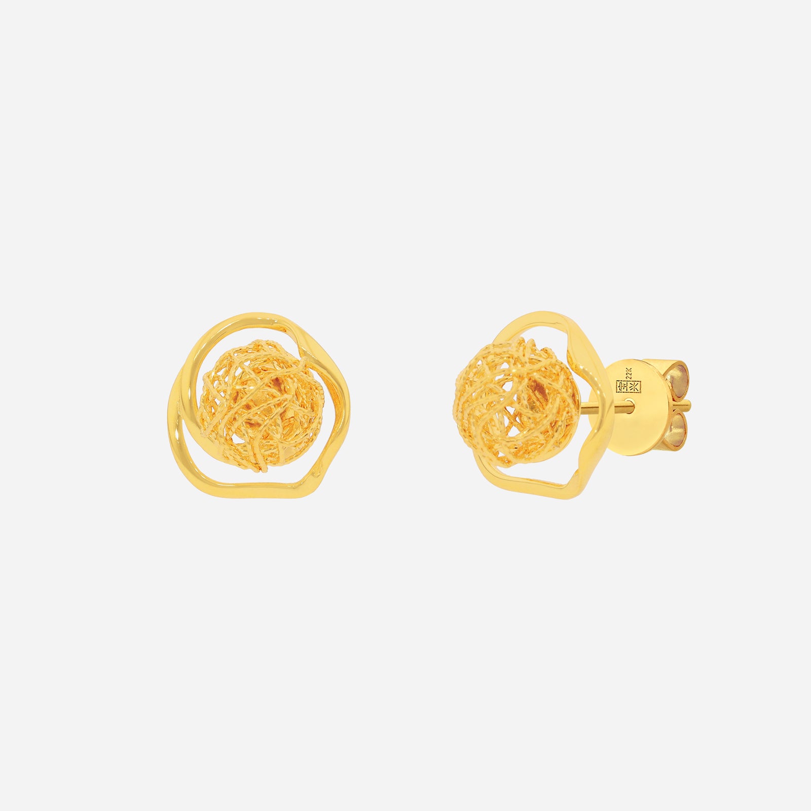Blossom Earrings in 22K yellow gold with floral openwork design and lattice sphere for refined brilliance.