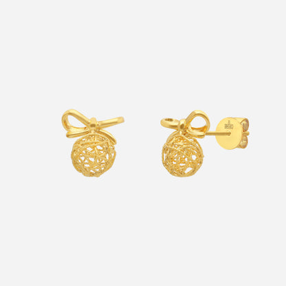 Ribbon Bow Earrings in 22K yellow gold featuring a delicate bow and textured gold sphere design.