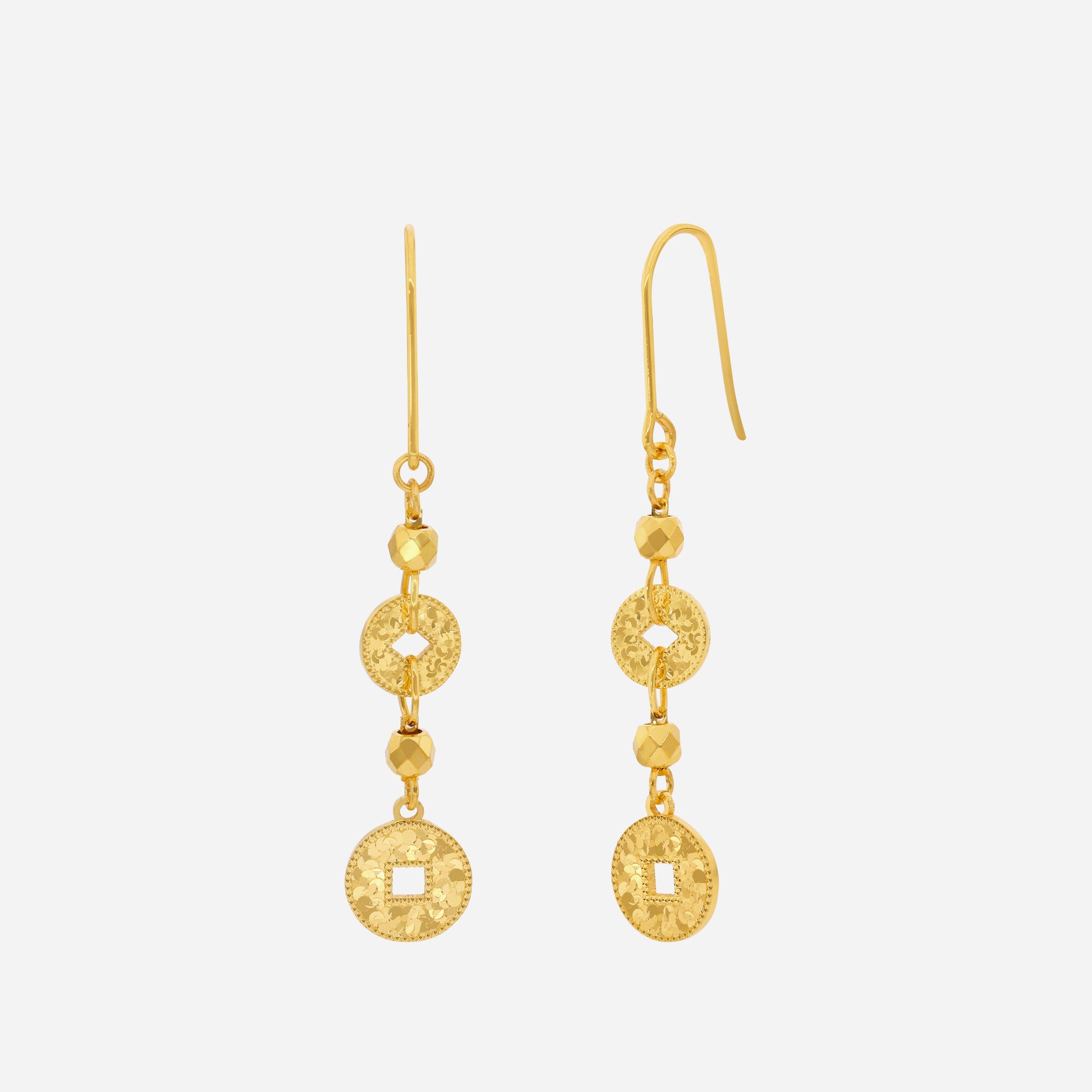 Fortune Coin Earrings in 22K yellow gold with textured circular coin motifs and elegant drop design.