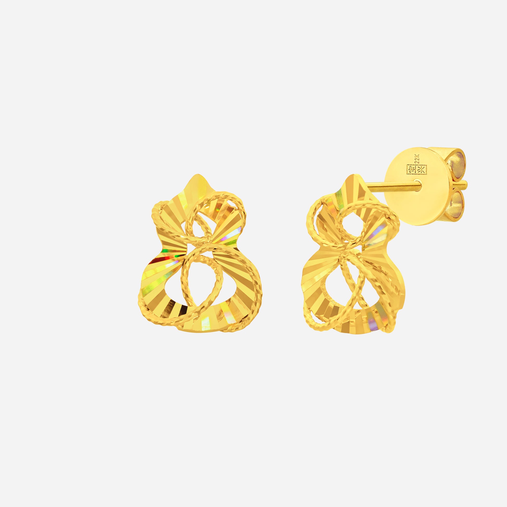 Gourd earrings in 22K yellow gold with a rounded, intricate design and polished finish. Perfect for elegant outfits.