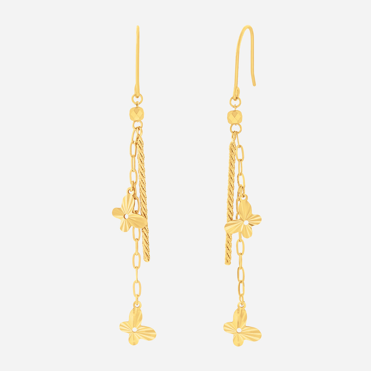 dancing butterfly earrings in 22k yellow gold with layered chains and petite butterfly charms. elegant and delicate design.