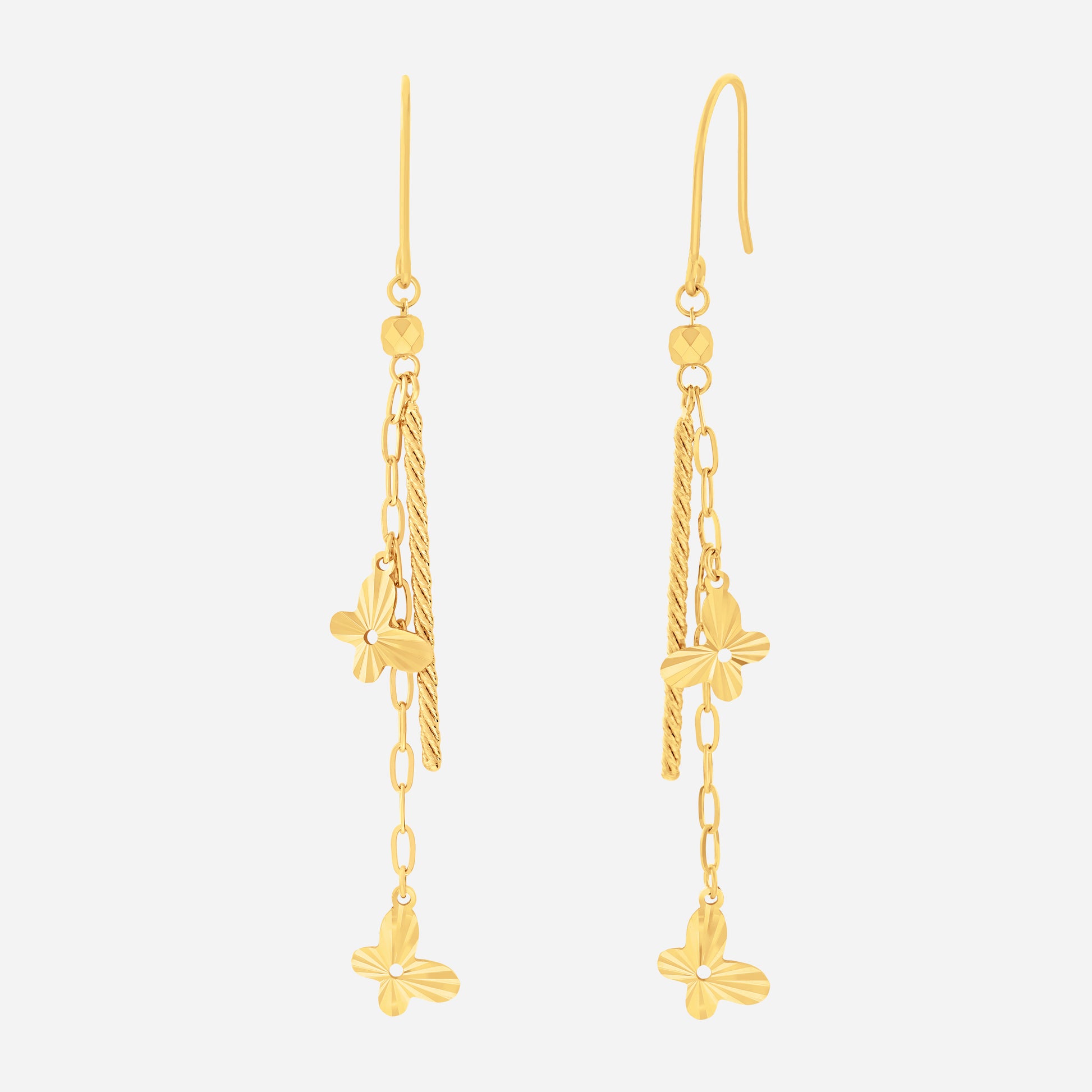 Dancing Butterfly Earrings in 22K yellow gold with layered chains and petite butterfly charms. Elegant and delicate design.