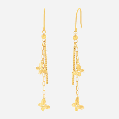 Dancing Butterfly Earrings in 22K yellow gold with layered chains and petite butterfly charms. Elegant and delicate design.