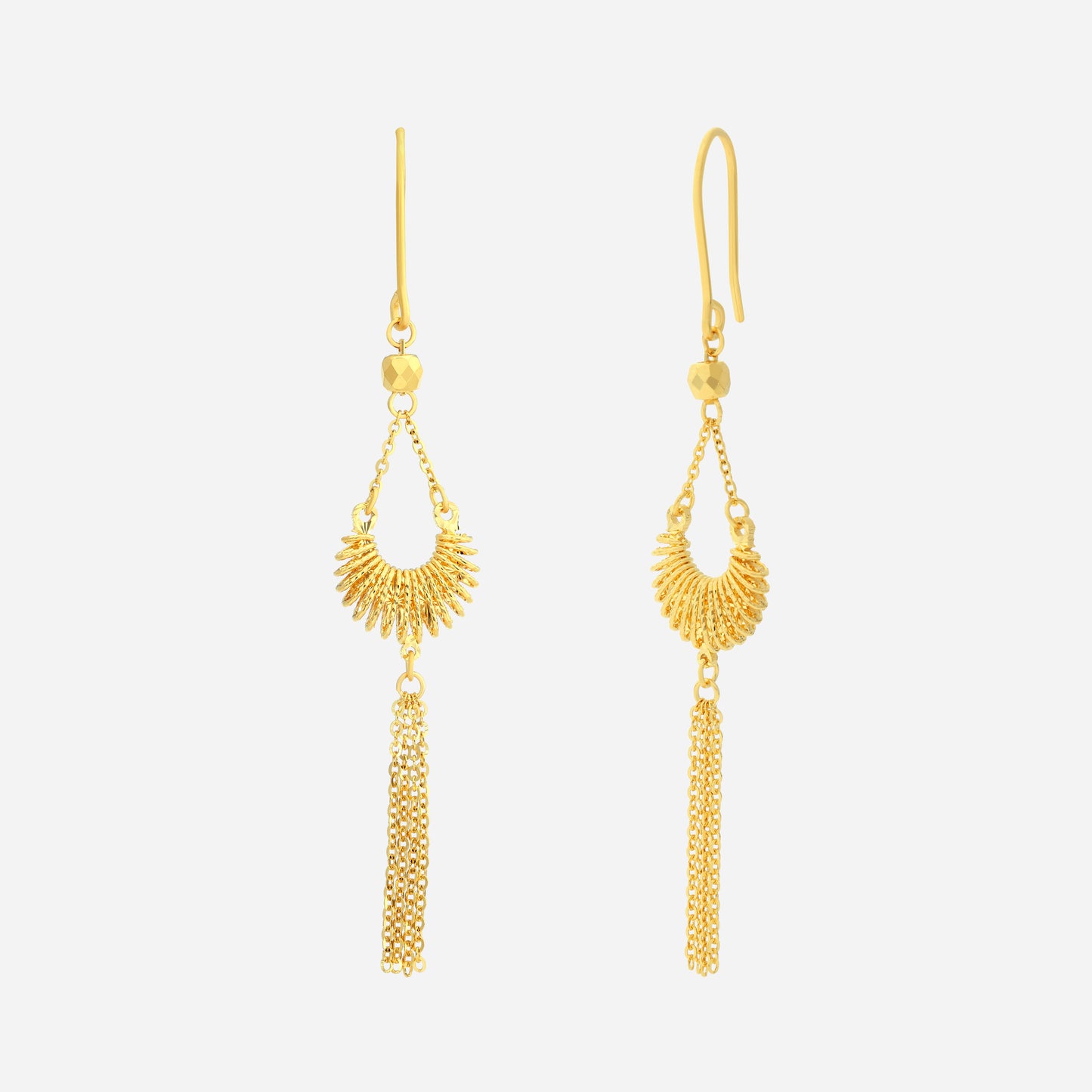 fan tassel earrings in 22k yellow gold with sculpted fan design and cascading chain details.