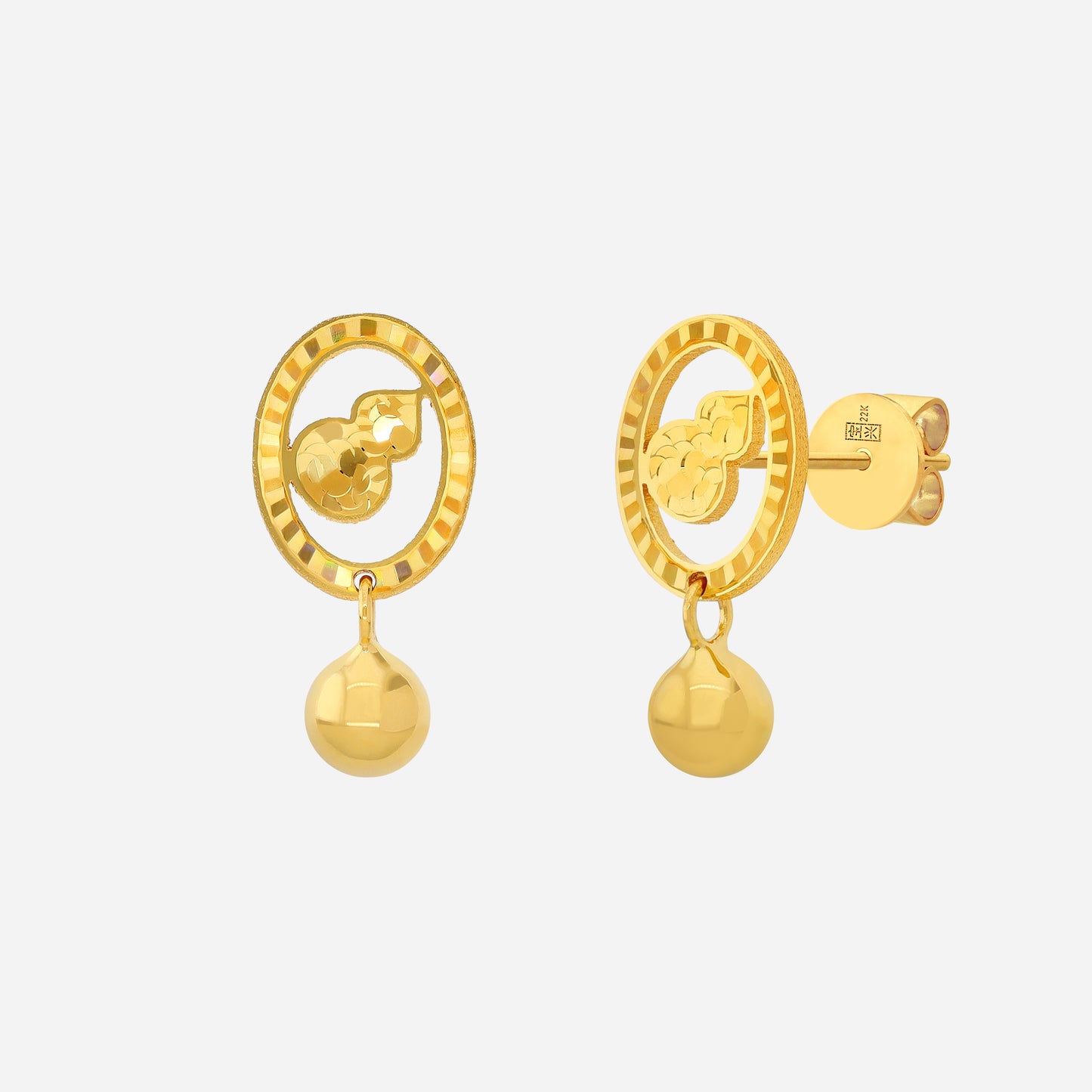 gourd earrings in 22k yellow gold with circular openwork frame and dangling gold bead for movement.