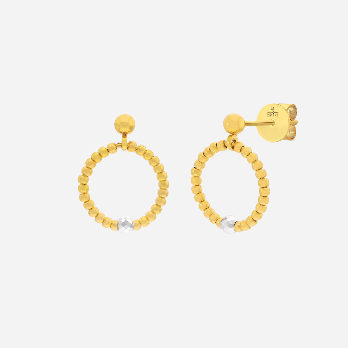 Tiny Halo Earrings in yellow and white gold featuring faceted white gold bead and smooth yellow gold beads.