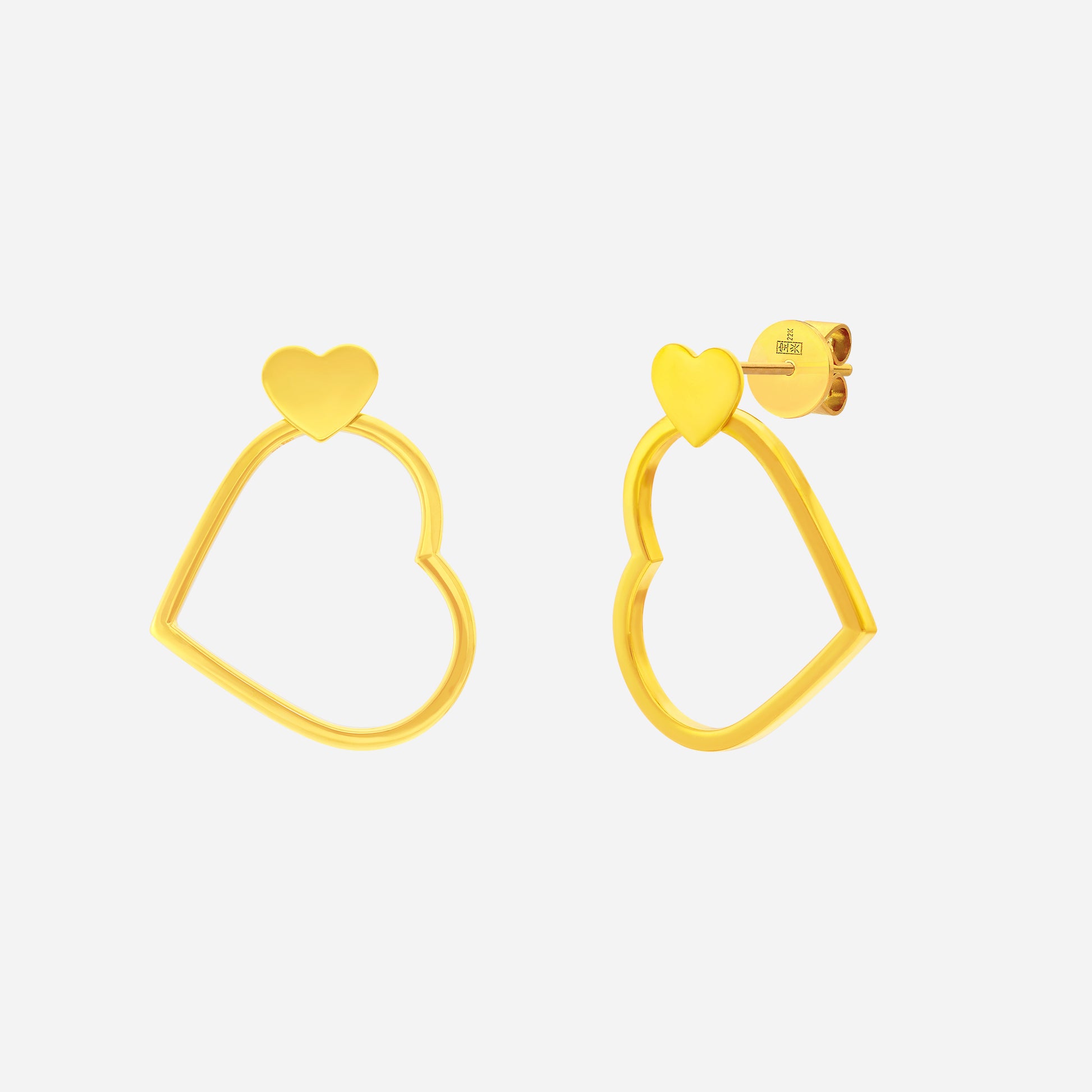Double Love Earrings in 22K yellow gold featuring a heart motif, offering a stylish and meaningful design.