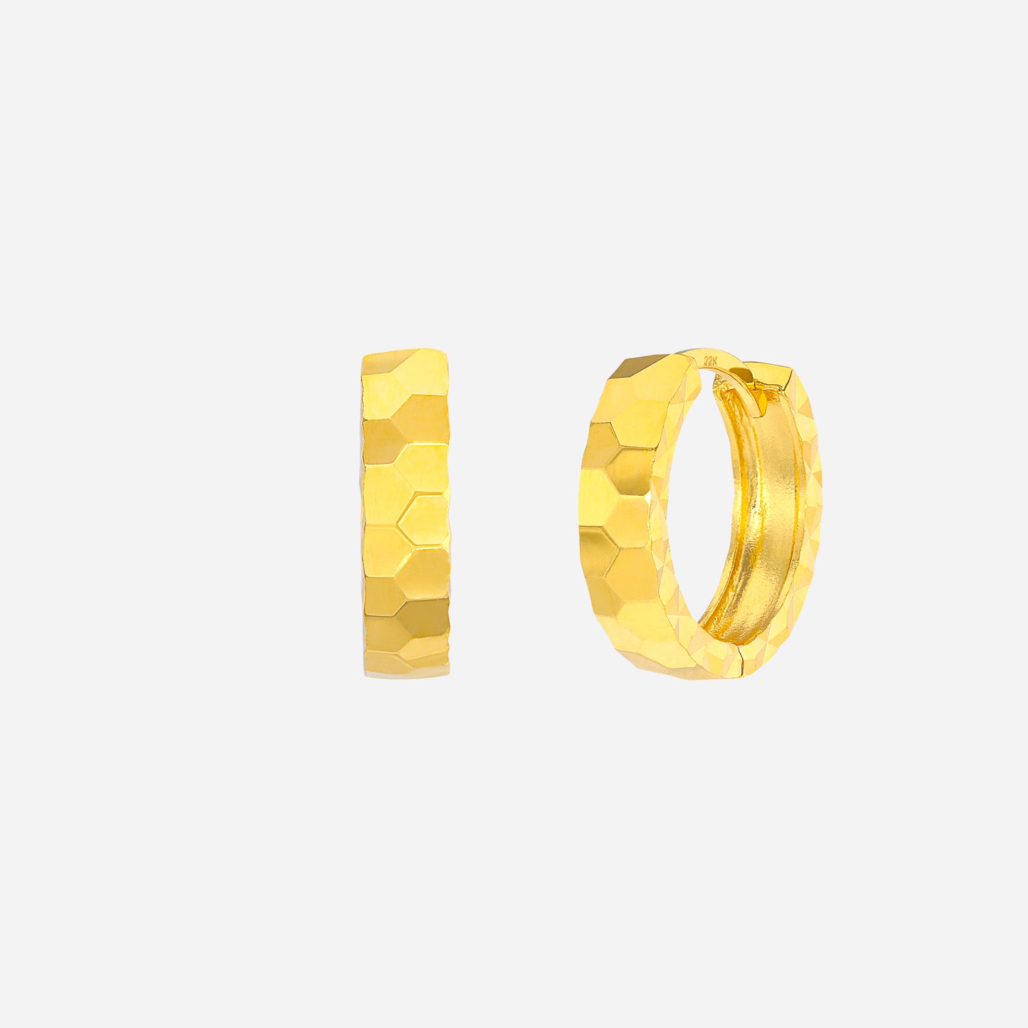 radiant huggie earrings in 22k yellow gold with a hexagonal textured design, perfect for everyday elegance.