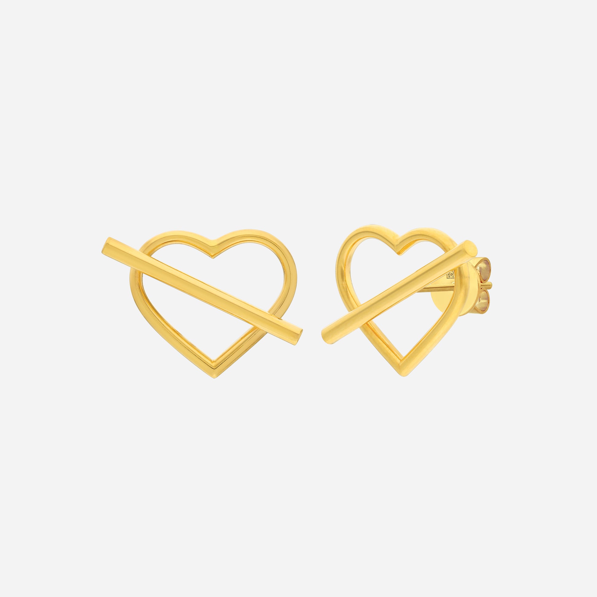 Heart earrings in 22K yellow gold with a modern open design and sleek bar accents for a stylish look.