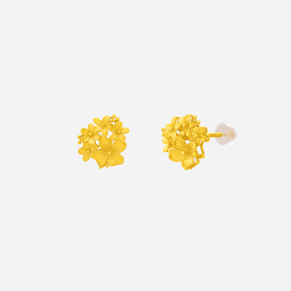 Vibrant Bloom Earrings in 24K yellow gold with layered floral design and silicone stud-stoppers.