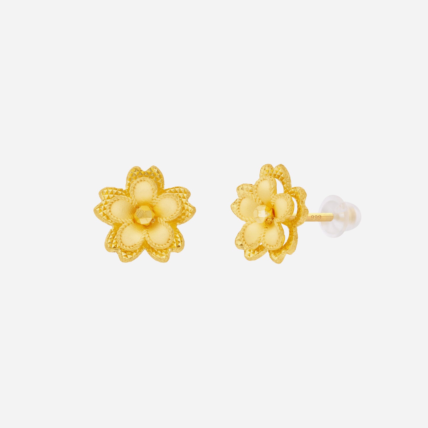 blossom earrings in 24k yellow gold featuring sculpted floral design with intricate textures.