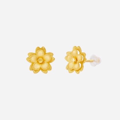 Blossom Earrings in 24K yellow gold featuring sculpted floral design with intricate textures.