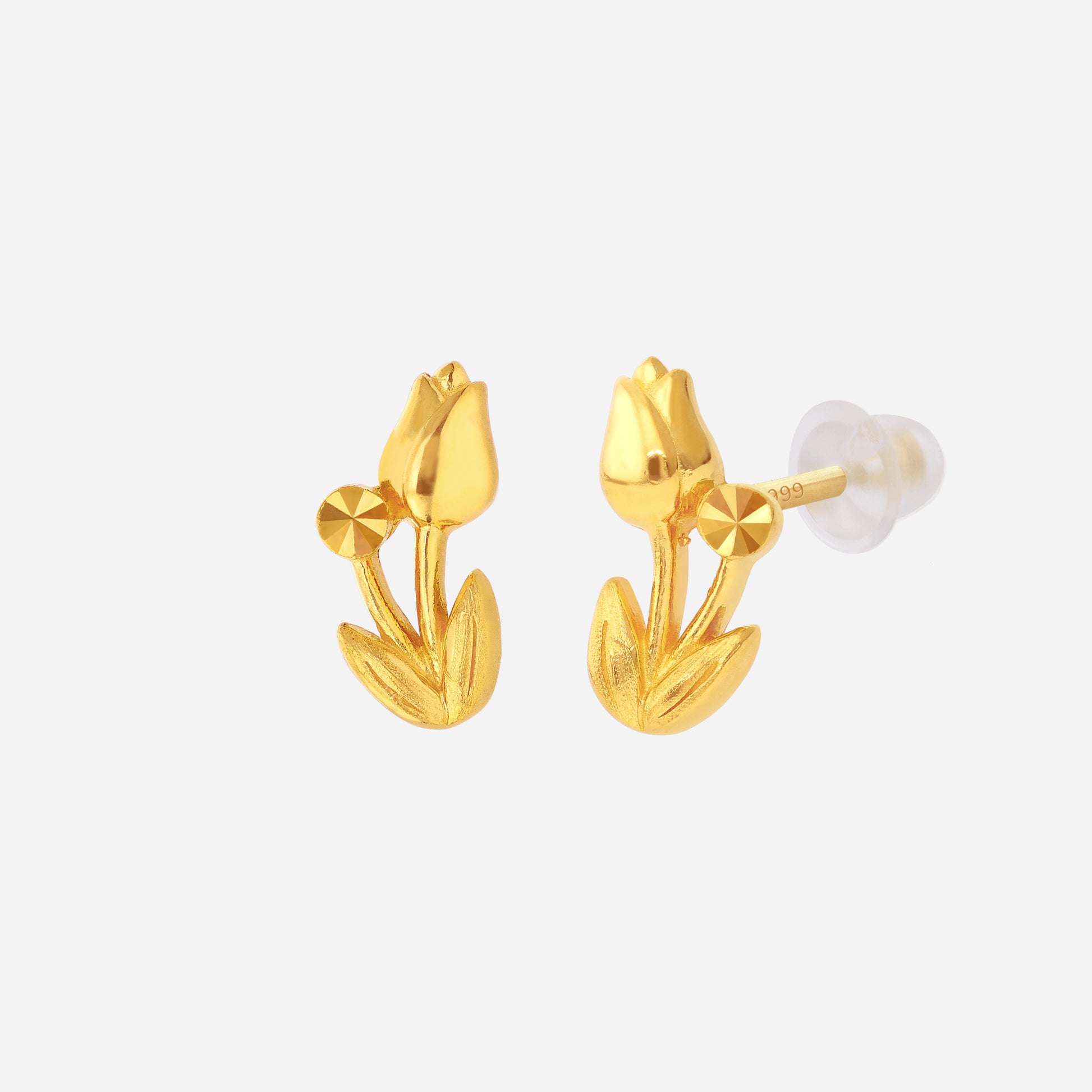 Flower earrings in 24K yellow gold with a refined bud silhouette and silicone stud-stoppers, featuring floral design.