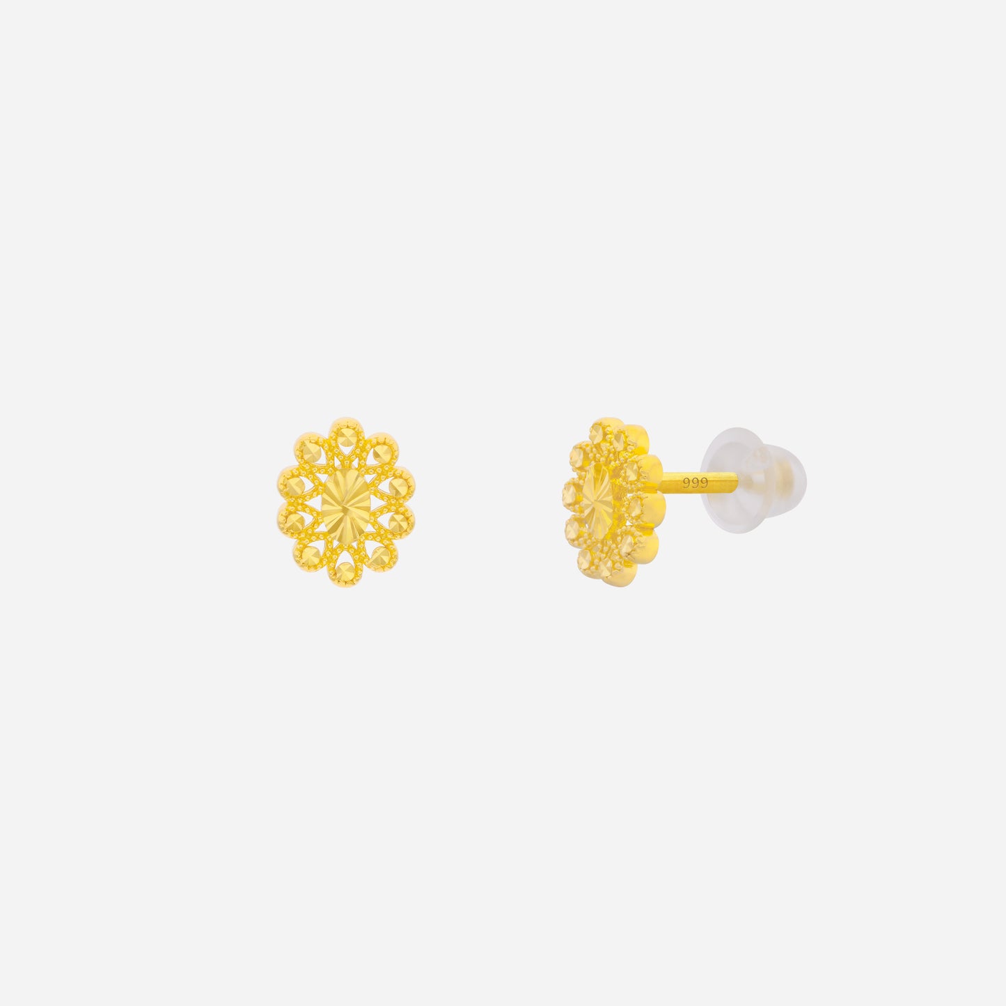 24k yellow gold flower earrings with intricate petal design, featuring silicone stud-stoppers for comfortable wear.