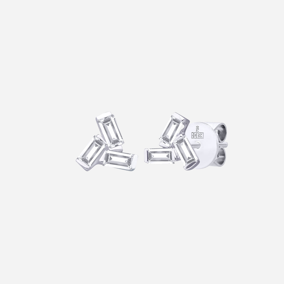 Artful Spark diamond earrings in 18K white gold with geometric cluster design and baguette-cut diamonds.