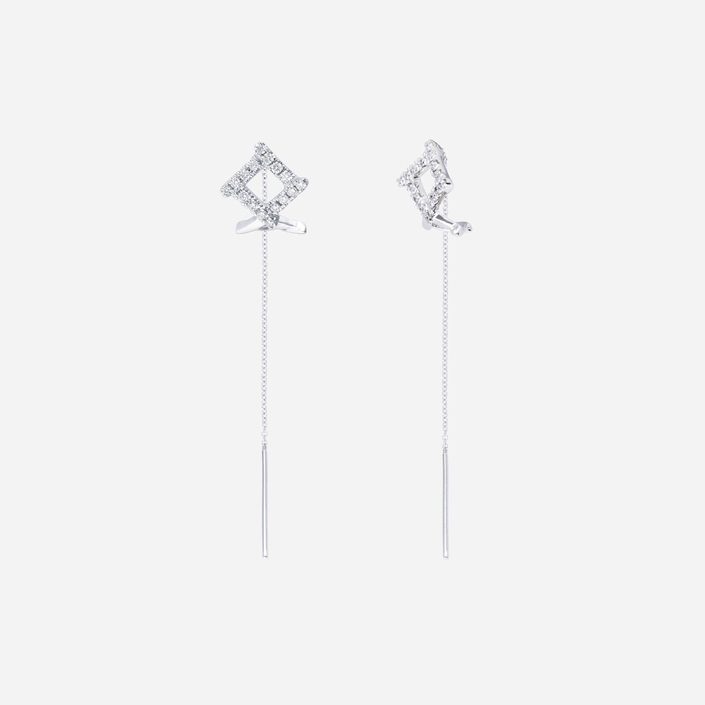 linear shimmer diamond earrings in 18k white gold with diamond-studded charms and delicate threader design.