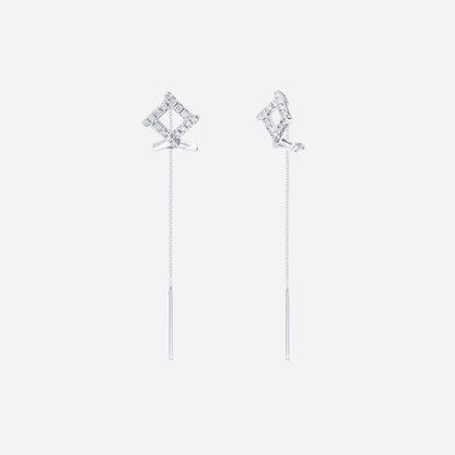 Linear Shimmer Diamond Earrings in 18K white gold with diamond-studded charms and delicate threader design.