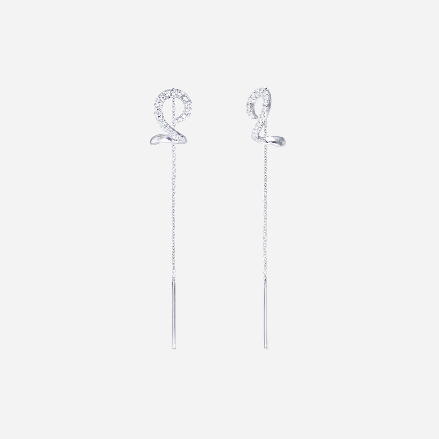 linear shimmer diamond earrings in 18k white gold with spiral design and slender threader chains, featuring diamond accents.