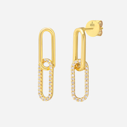 Harmony of Bliss Diamond Earrings in 18K Yellow Gold with diamond-set drops and modern linked silhouette design.