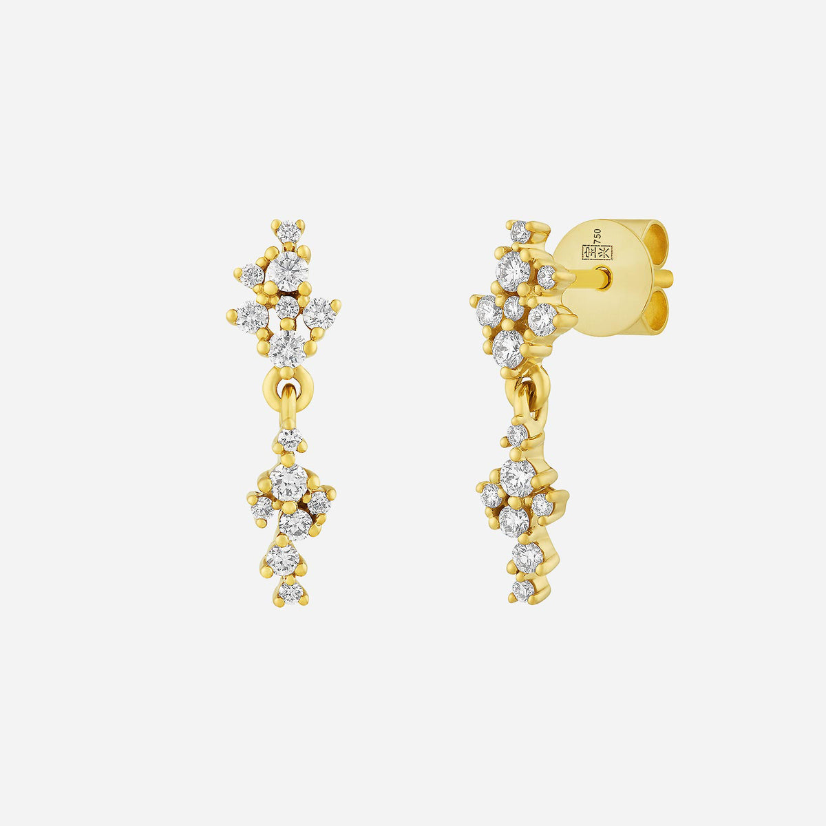 asterism diamond earrings in 18k yellow gold featuring clustered diamonds and polished gold beads, radiating celestial charm.