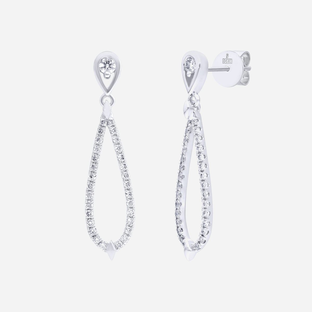 Aurora Dewdrops earrings in 18K white gold with elongated teardrop designs and pavé-set diamonds.