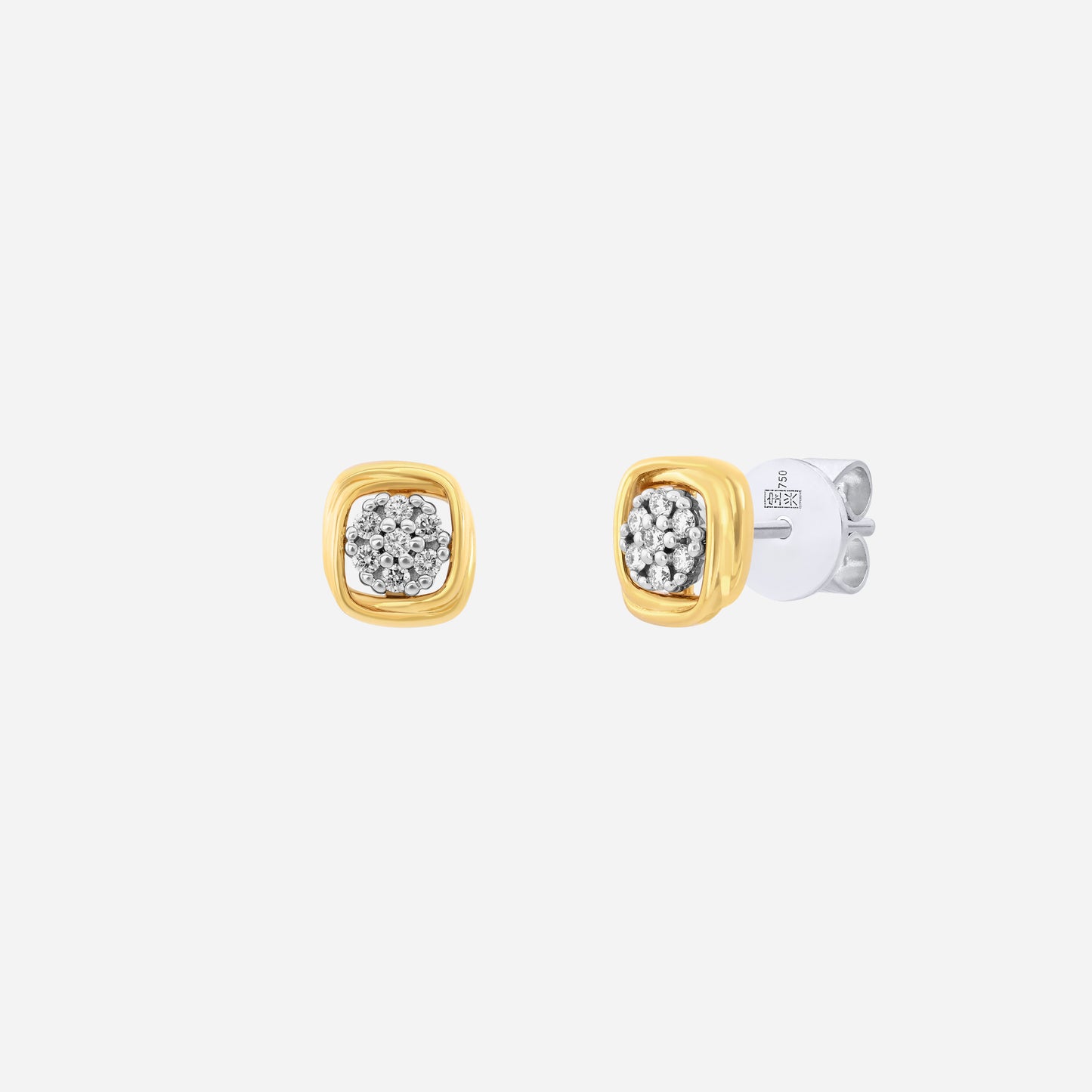 sparkling squircle diamond earrings in 18k yellow and white gold with a curved square design and diamond cluster.